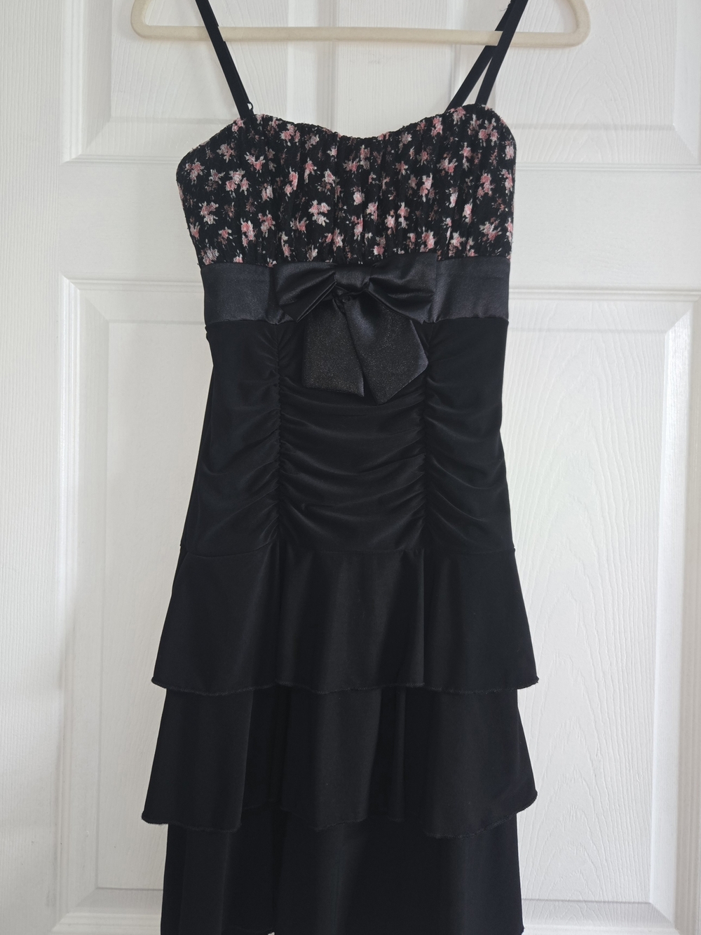 Deb Black Dress with Pink Floral Bodice and Bow Accent